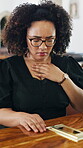 Thinking, sad and woman at coffin with farewell, remember and grieving past with mourning. Reflection, coping and person in church with casket, bereavement and emotional flashback at memorial service