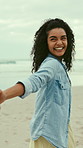 Holding hands, leading and laughing with woman on beach for holiday, travel or vacation. Funny, guide and love with happy couple outdoor in nature together for affection, bonding or weekend getaway