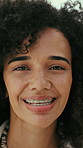 Face, woman and smile outdoor for travel, adventure and calm morning on summer holiday. Portrait, female person or happy in nature for fresh air, positive attitude and getaway vacation for summertime