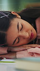 Sleeping, tired and student in home for studying, homework and assignment for university course. Exhausted, house and girl with fatigue, burnout and nap with books for learning, education and college