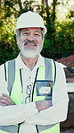 Face, architect or man at construction site with arms crossed, smile or pride for career development. Happy, mature person and confident outdoor for building project, architecture job and about us.