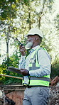Construction, tablet or black man with radio, site check or safety inspection in feedback chat. Below, tech or mature engineer with checklist, progress track or compliance review in communication.