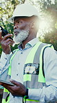 Construction, tablet or black man outdoor with radio, safety check or inspection update in chat. Flare, tech or mature engineer with checklist, progress feedback or compliance review in communication