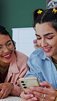 Happy, phone and friends on bed for social media, online chat and bonding on weekend together. Home, laugh and girls on cellphone for internet, website and connection for hangout, sleepover and relax