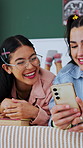 Laugh, phone and friends on bed for social media, online meme and bonding on weekend together. Home, happy and girls on cellphone for internet, joke and connection for hangout, sleepover and relax