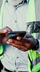 Construction, typing and hands of man with phone for research, building update and schedule. Engineering, online and person on cellphone for inspection report, planning and contact with contractor