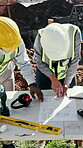 Architect, floor plan and people outdoor at construction site with discussion, building and excavation. Blueprint, men and woman together for teamwork, collaboration and civil engineering project