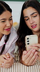 Talking, friends and women on bed with phone for social media, online chat and bonding on weekend. Home, happy and people on cellphone for internet, website and connection for hangout and relax