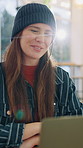 Laptop, video call and woman in cafe for remote work, blogging or project research report. Tech, wave and conversation with person in coffee shop for freelancer, communication and flare for agency