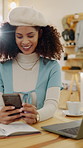Smile, phone and woman in coffee shop for remote work, blogging or project research break. Tech, laptop and message with happy person in cafe for freelancer, communication and flare for agency