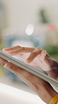 Tablet, woman and hands of barista in cafe for research on inventory, stock list or website menu update. Digital technology, scrolling and waitress with for online order for hospitality service.