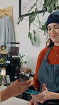 Phone, tap and woman with machine in cafe for purchase, payment and sale at checkout. Coffee shop, restaurant and happy server with customer for transaction, cashless transfer and digital banking
