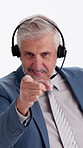 Face, mature or businessman pointing with headset in studio for online hiring on a white background. Portrait, consultant or agent with smile, selection or choice for virtual recruitment or job offer