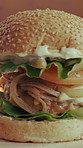 Spin, grill and hamburger in kitchen with fast food, cuisine serving or catering for lunch dish. Flame, beef and bun in restaurant with seeds, vegetable ingredients and hospitality for takeaway meal