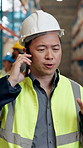 Phone call, man and logistics worker in warehouse for communication, contact or export update. Cellphone, talking and supply chain manager on mobile discussion for distribution, cargo or delivery.