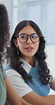 Business, meeting and talking with women in office together for education or training workshop. Conversation, development and upskill seminar with happy employee people in workplace for internship
