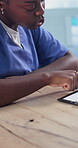 Caregiver, clipboard and talking with black woman in home for medical advice, consulting or insurance update. Document, conversation and healthcare with nurse in apartment for appointment or checkup