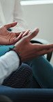 Hands, therapy and support group in business with discussion, team meeting and employee wellness. Professional, people and counseling session in office for mental health advice, help and assistance.