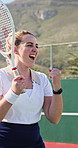 Woman, fitness and excited with tennis for game win, match challenge and action on court. Female person, athlete or sport player happy for celebration, friendly competition or outdoor exercise