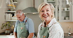 Happy woman, face and senior couple cooking in kitchen, laugh and meal prep with partner or bonding. Retirement, portrait and old people with culinary skills, smile and recipe for dinner in house