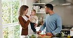 Cooking, eating and parents with baby in kitchen of home for bonding, healthy diet or nutrition. Child development, food and meal preparation with happy family in apartment together for growth