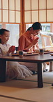 Asian family, prayer and bow at house with food, traditional greeting and gratitude for lunch meal. Woman, daughter and blessing in home with appreciation, buffet feast and authentic Chinese cuisine