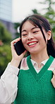Phone call, laugh or college student outdoor with connection, funny chat or online joke on commute. Happy, digital or Asian woman with tech, university contact or humor communication in city travel.