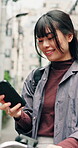Laugh, text or university student in city with phone, online chat or comic post on bicycle commute. Happy, digital and Asian woman with bike travel, funny message or college meme on social media app.