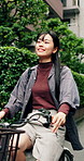 Travel, smile and woman with bicycle in city for morning commute, adventure and journey. Location, cycling and Japanese person on bike for trip, sustainable or eco friendly transport outdoors
