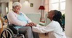 Smile, doctor and holding hands with old woman in wheelchair, surprise and homecare visit. Medical support, checkup or person with disability, happy and talk to funny worker with trust in retirement