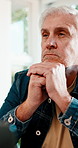 Laptop, stress and senior man in home with bankruptcy email, bad news or think of financial problem. Computer, retirement and person with debt crisis, investment scam or worry for banking fraud