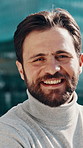 Business, face and man in city with smile, property agent or pride in real estate industry. Confidence, happy and urban broker with portrait, leasing manager or about us as housing consultant.