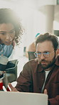Team, discussion and people with laptop in office, brainstorming and planning for marketing strategy. Business, meeting and colleagues with tech for brand awareness, talking and creative research