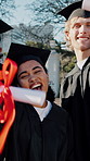 Diploma, face and graduation with friends outdoor together for celebration of university success. Certificate, laughing and proud with group of happy people on campus for achievement or education