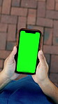 Hands, green screen or nurse with phone for walking, schedule update or telehealth app notification. Above, person and outdoor with mobile display for healthcare info, mockup space and medical review