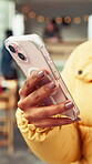 Hand, phone and person typing at cafe with internet connection, social media and message online. Technology, notification and woman search post with mobile app for communication in restaurant
