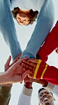 Applause, hand stack and people outdoor together for celebration, solidarity or support. Below, clapping and motivation with group of excited friends on blue sky for achievement, goals or milestone