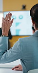 Question, statistics and business people in office for presentation with finance planning for revenue. Meeting, hand raised and financial advisors with data for investment proposal in workplace.