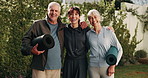 Face, trainer or elderly couple in backyard for yoga, active aging or bonding in workout together. Happy, coach or senior people at house with mat, practice support or connection in retirement hobby.