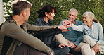Smile, friends and handstack outdoor for fitness, support and motivation for exercise success. Happy, huddle and mature people in backyard with hands together, encouragement and training achievement