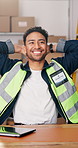 Laptop, relax and logistics worker in office with ecommerce, order confirmation or delivery information. Happy, man and supply chain manager with completed project for cargo or procurement service.