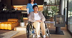 Nurse, push and old woman in house with wheelchair, support and medical treatment for rehabilitation. Caregiver, help and senior person with disability, healthcare assistance and injury recovery.