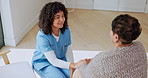 Trust, nurse and holding hands with senior woman for reassurance, connection and empathy. Caregiver, support or person in retirement with kindness, talk or comfort for health diagnosis with home care