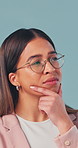 Thinking, business or woman with solution, brainstorming or decision making for job issue. Mindset, glasses or employee with confusion, strategy planning or problem solving on studio background.