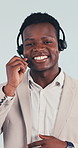 Call center, mic and black man with face, contact us and investment advice in crm service. Talking, guidance and finance consultant with headset, online banking and loan support on studio background.
