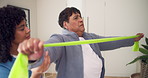 Physio, stretching and old woman in office with resistance band, help and support for rehabilitation. Healthcare worker, senior person and physical therapy with equipment, mobility and wellness.