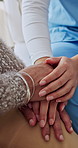 Tender, old person and nurse in home with holding hands, understanding or empathy in health assistance. Compassion, senior woman and caregiver with comfort, patient support or trust in medical care.
