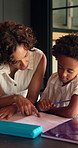 Mother, son and help with homework in home for education, learning and support with care. African family, parent and teaching kid for child development, growth and math for project or task assignment