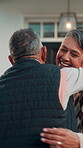 Hug, outdoor and happy couple with love, care and reunited in home frontyard with smile. Mature, embrace and healthy marriage of man and woman together at house for commitment, connection or wellness