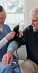 Nurse, old man and strap for blood pressure exam, testing and preparation in medical appointment. Caregiver, sphygmomanometer and senior person in nursing home for help with hypertension diagnosis